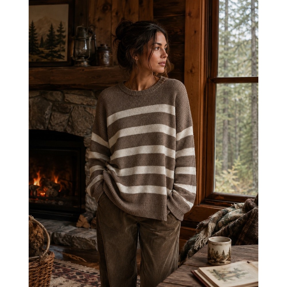 Halogen Womens Striped Oversized Crewneck Brown Cream Sweater XL Cabincore Cozy